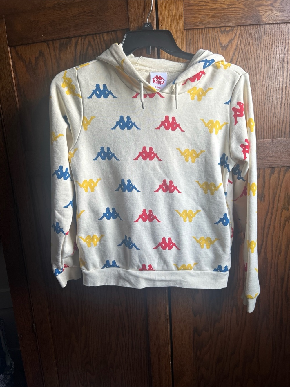 Kappa Cream Hoodie with Blue, Red & Yellow Allover Logo